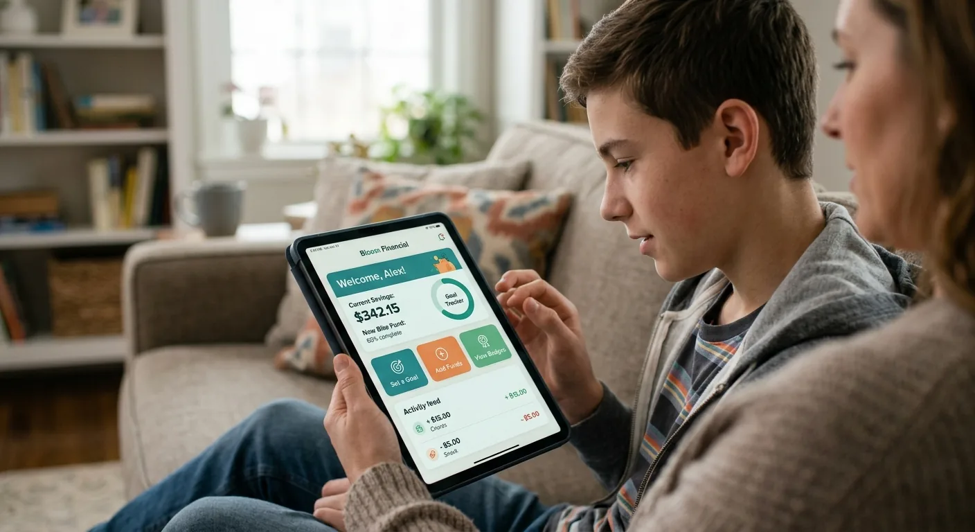 Een tiener kijkt samen met een volwassene naar een tablet waarop een eenvoudige beleggingsapp voor jongeren te zien is.
