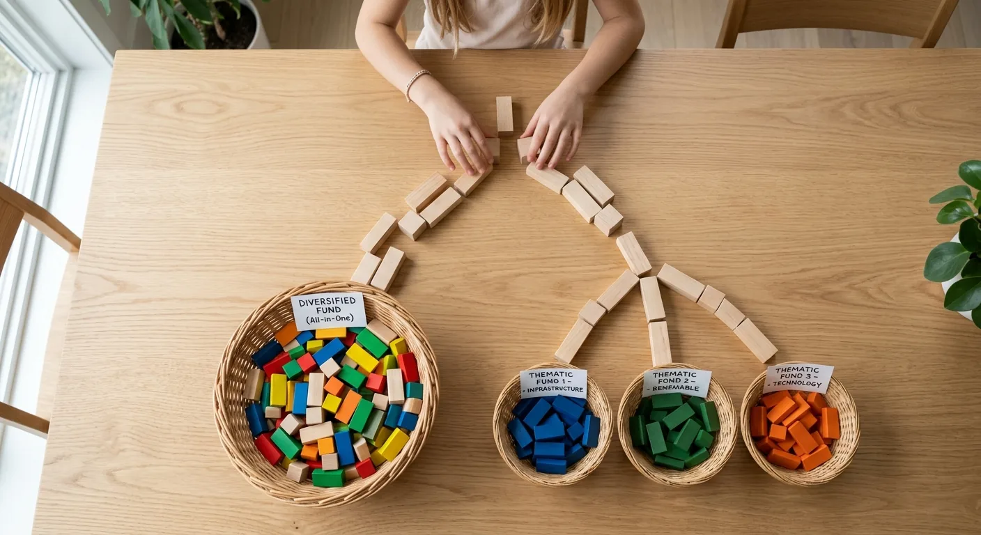 Vanaf boven gefotografeerd: twee paden van blokjes op een tafel. Eén pad leidt naar een grote mand met gemixte kleuren, het andere splitst naar drie mandjes met elk één kleur. Dit verbeeldt de keuze tussen gespreid en themabeleggen.