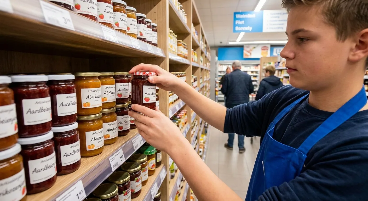 Een 14-jarige vult als bijbaan zorgvuldig de schappen met potten jam in een supermarkt.