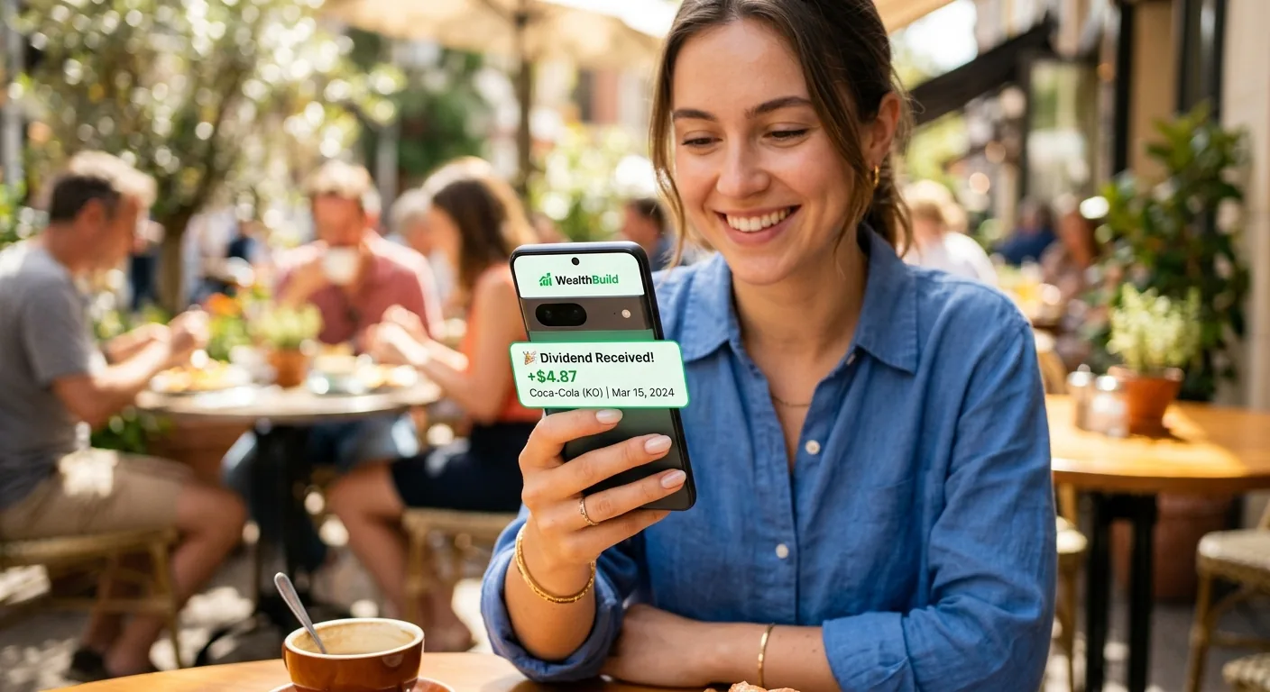 Close-up van een smartphone waarop een melding van een beleggingsapp te zien is dat er een klein bedrag aan dividend is ontvangen.