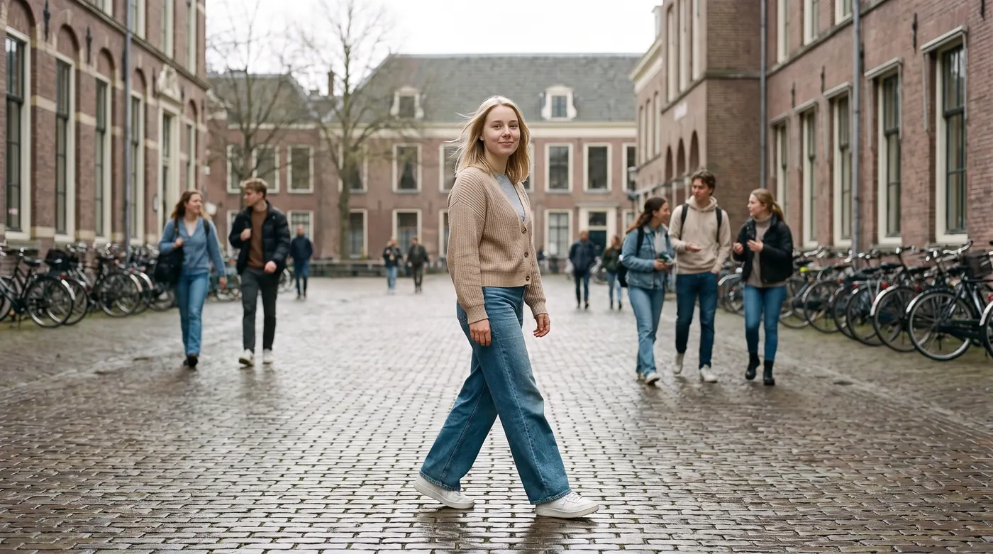 Een studente loopt met medestudenten over een campusplein bij bewolkt weer